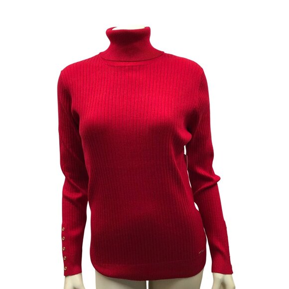 Calvin Klein $69 Womens Ribbed Turtleneck Sweater Button Cuff Details Size L NWT - Picture 1 of 5